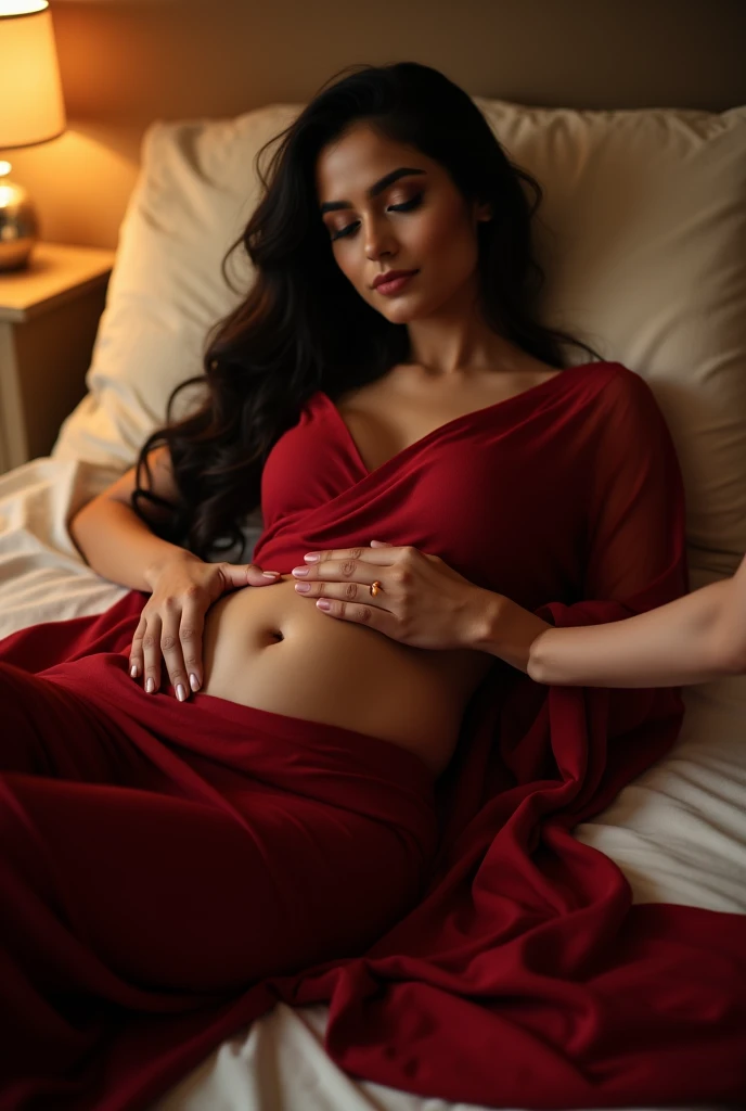 





You said:
A indian beautiful  in a sari lady long hair beautiful smile soft light in the bed loosely blouse slim body red lips aur uski kamar sari se dikh rahi ho and romantic sourding  sari color dark red  in a room sari upar se khuli ho aur kamar me lapti ho hair poen ho and a human in a six pach touch his stomach in softly and woman close his eyes romantic mahol ho time night hi  candle jal rahi ho realistic imagine
ChatGPT said:
ChatGPT
Got it! Here’s a detailed script to help you capture that scene:

Title: "Romantic Elegance"

Setting: A softly lit bedroom at night, with a warm and inviting ambiance. Candles are lit around the room, casting a gentle glow.

Subjects:

Woman:

Attire: A dark red sari, draped loosely from the shoulders, with the pallu elegantly spread. The sari is wrapped snugly around her waist, accentuating her slim figure.
Hair: Long and flowing, left open to cascade over her shoulders.
Expression: A serene, romantic smile with her eyes gently closed.
Makeup: Subtle, with red lips that stand o