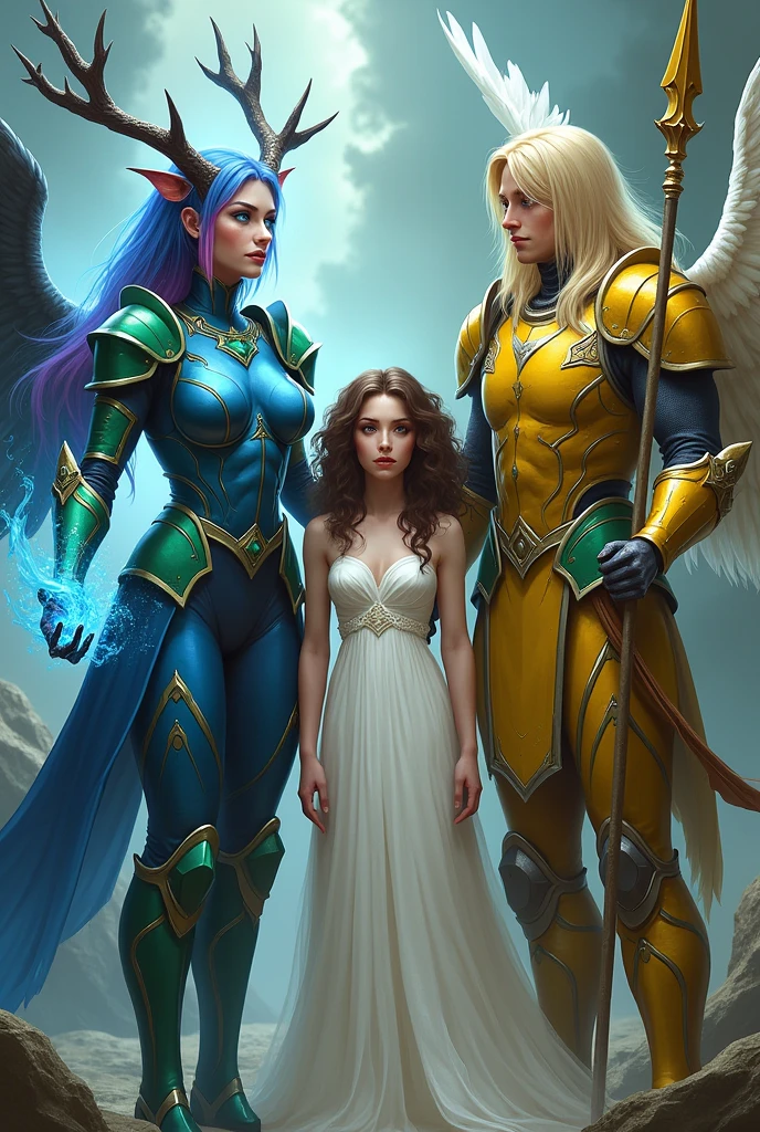 A woman wearing blue armor that covers her body with green details,Her armor is not sexy and she has blue hair and the tips of her hair are pink, she has deer antlers, one eye is blue and the other is brown, She has green feathered wings and a lion&#39;s tail, Her hands have long black nails and she releases blue fire. Next to her is a man with long blond hair and yellow armor with gold details., He has white wings, he holds a golden spear. In the middle of it is one with brown curly hair. She wears a white dress and has no pupils., She is the 