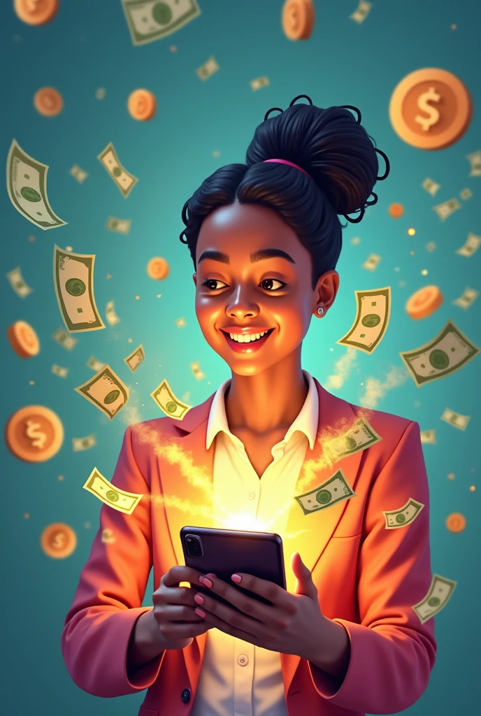 Create a vibrant and impactful image of a person turning a cell phone into a money machine. The scene should show a person with an expression of enthusiasm and success., holding a cell phone that is turning into a money machine. The cash machine should be issuing dollar bills and coins, symbolizing a steady stream of profit. The background should be dynamic and colorful, with elements that reinforce the idea of finance and growth. The style of the image should be modern and inspiring., capturing the magical transformation and emotion of the moment.