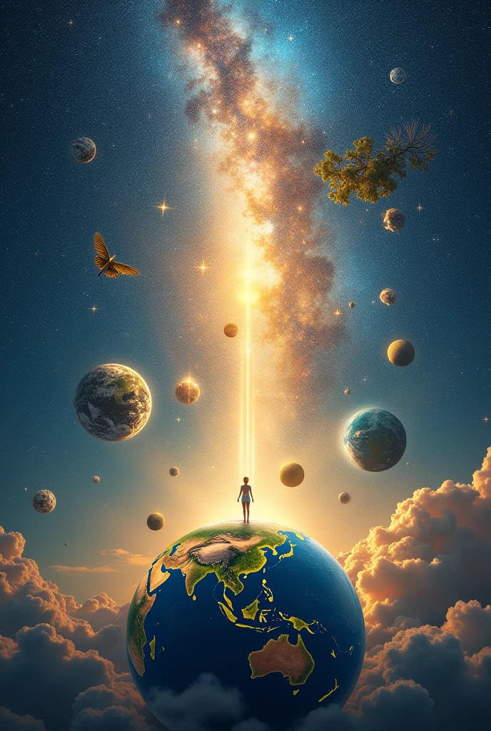 A surreal and inspiring image showing a vast starry sky with colorful constellations and galaxies. At the center, a small human figure stands on a miniature planet Earth, looking up in awe. ao redor, various floating elements represent the wonders of creation - majestic mountains, deep oceans, lush forests and diverse animals. Rays of golden light emanate from the sky, symbolizing the divine presence. The scene should convey a sense of wonder, gratitude and the immensity of God's works compared to human smallness