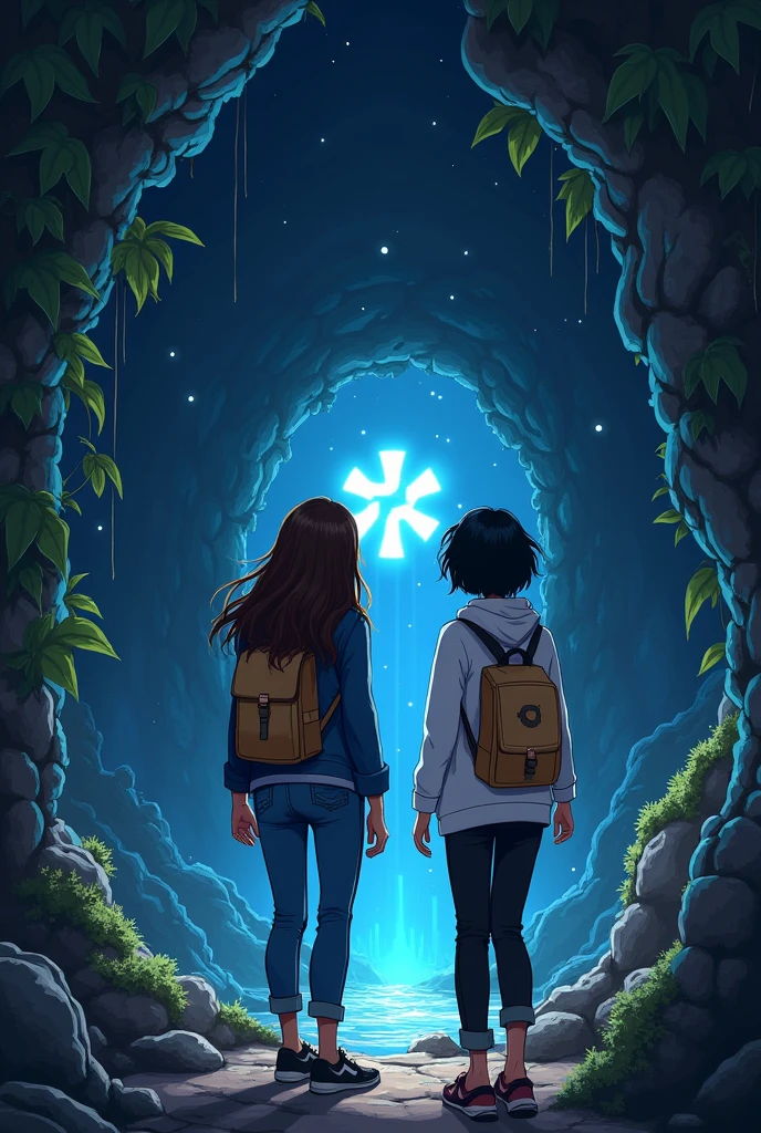 Inside a dimly lit cave covered a bit with vines, two young women discover a hidden entrance with glowing symbols. One wears a blue shirt and jeans with long brown hair, the other a white hoodie and black jeans with short black hair. Both carry light brown backpacks as bioluminescent fungi and crystals faintly illuminate the cave. 2D artstyle