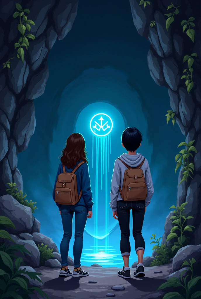 Inside a dimly lit cave covered a bit with vines, two young women discover a hidden entrance with glowing symbols. One wears a blue shirt and jeans with long brown hair, the other a white hoodie and black jeans with short black hair. Both carry light brown backpacks as bioluminescent fungi and crystals faintly illuminate the cave. 2D artstyle