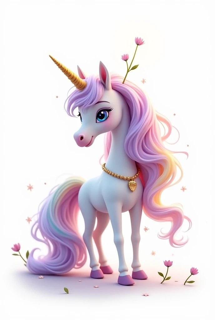 a white unicorn standing looking sideways, cute disney pixar style, cute face, the unicorn is on its side and standing looking sideways forward , showing all unicorn, loose, voluminous, flowing curly hair in lilac colors, Pink,yellow, Unripe, cerulean, rot, Unripe, hair and mane with all the colors of the rainbow, with a strong lilac predominating, em volta do cabelo pequenas flores Pinks com folhas Unripes, and also stars, Dedicated gold cord with delicate pendant around the neck, olhos Unripes e o unicornio cintila com alguns brilhos, female unicorn white background, flowing hair, very voluminous, gold tiara on delicate head white background and unicorn stands out from the background, the unicorn has sparkling sparkles in its hair, the opaque background png