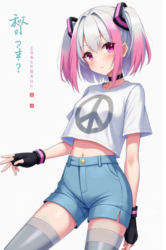 Japanese girl with white and pink hair, White cropped t-shirt with a light grey peace symbol on the chest, hands and forearms with black gloves, short light blue tight shorts and legs except thighs with long light grey stockings