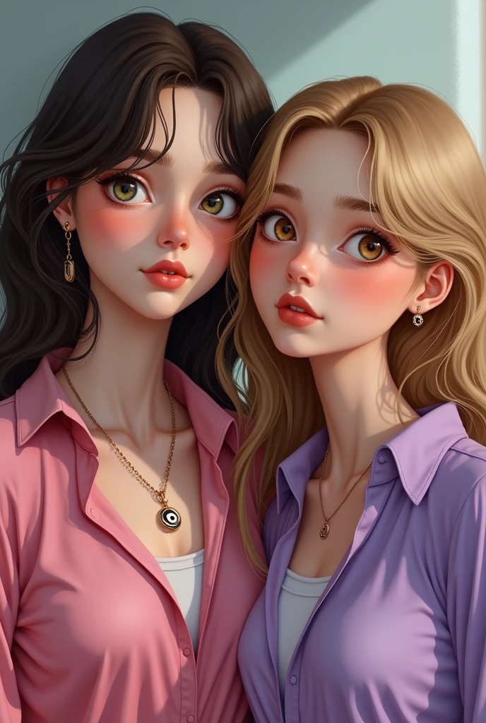 twogirls, a tall white girl, with light brown curly and wavy hair and, brown eyes and using lip gloss, with a golden evil eye necklace, wearing a pink blouse, the other white, with long dark blonde wavy hair, com olhos verdes claros, wearing an earring, wearing a purple blouse
