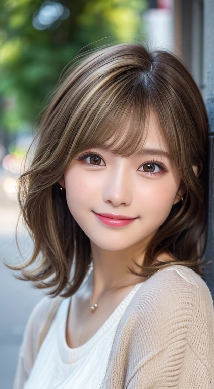 Happy smile seeing this、In the city、(Highest quality,8K quality,masterpiece:1.3,),(Ultra-high resolution:1.3,Realistic:1.4,RAW Photos:1.2),(Very detailed:1.2,Glowing Skin,Detailed skin:1.1),(Detailed face,Perfect Anatomy,Caustics:1.2),,1 person,cute,Japanese,1,Japanese Ido,Brown Hair, [(Brown to blonde gradation:1.4):0.4], Medium Hair,Curl short hair outward,cute目,Natural Makeup,bright casual clothes,Laughter,Looking into the camera,On the face,Face Focus,Professional Lighting,Natural soft light,