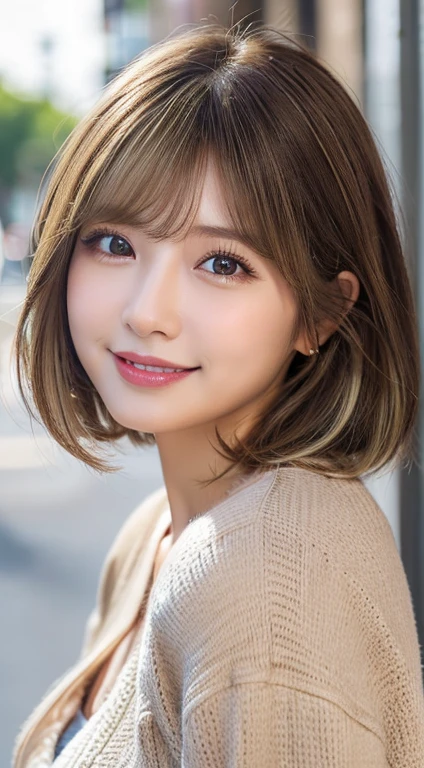 Happy smile seeing this、In the city、(Highest quality,8K quality,masterpiece:1.3,),(Ultra-high resolution:1.3,Realistic:1.4,RAW Photos:1.2),(Very detailed:1.2,Glowing Skin,Detailed skin:1.1),(Detailed face,Perfect Anatomy,Caustics:1.2),,1 person,cute,Japanese,1,Japanese Ido,Brown Hair, [(Brown to blonde gradation:1.4):0.4], Medium Hair,Curl short hair outward,cute目,Natural Makeup,bright casual clothes,Laughter,Looking into the camera,On the face,Face Focus,Professional Lighting,Natural soft light,