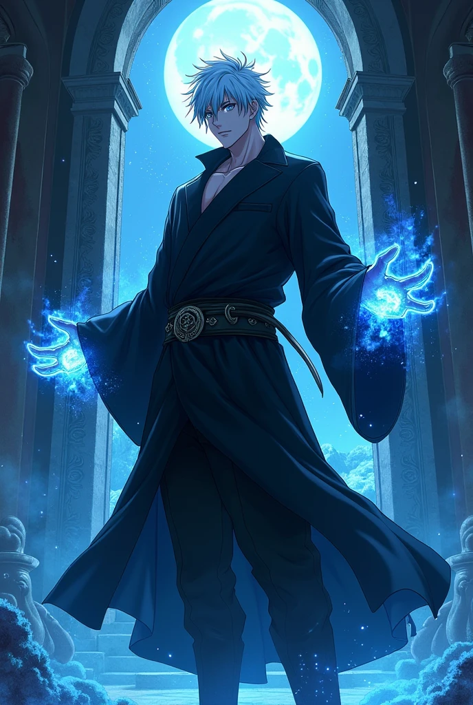 (chef-d&#39;œuvre, illustration, animé:1.3), 1 personne, Satoru Gojo de Jujutsu Kaisen, (tenue noire classique:1.2), debout à l&#39;intérieur d&#39;un temple la nuit, (cheveux blancs en désordre:1.1), (yeux bleus émettant de la lumière bleue:1.2), (Expression calme:1.1), (Yeux découverts:1.1), (présence puissante:1.2), (mystical atmosphère:1.2), (Clair de lune subtil:1.1), (Architecture de temple complexe:1.2), (ombres menaçantes:1.1), (robes fluides:1.1), (Plis et plis détaillés:1.1), (Aura bleue intense:1.2), (symboles de pouvoir qui l&#39;entourent:1.1), (énergie magique rayonnante:1.2), (gestes de lancement de sorts:1.1), (artefacts mystérieux:1.1), (Particules éthérées:1.1), (pose dynamique:1.2), (Bande-son épique:1.2), (sentiment de respect:1.1), (prouesse magique:1.1), sur le pouvoir, mise sous tension, sphère, Extrême, Concentré.