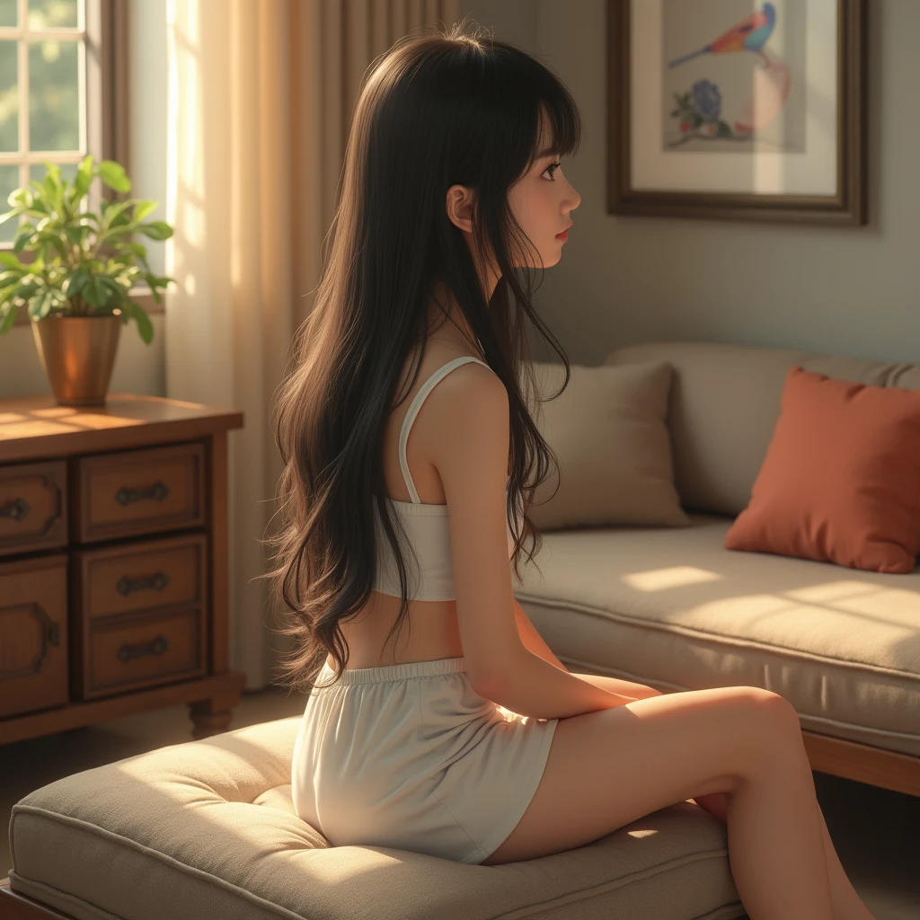 asian, young, girl, long black hair, white miniskirt, sit, sofa, living room, realitics, high quality