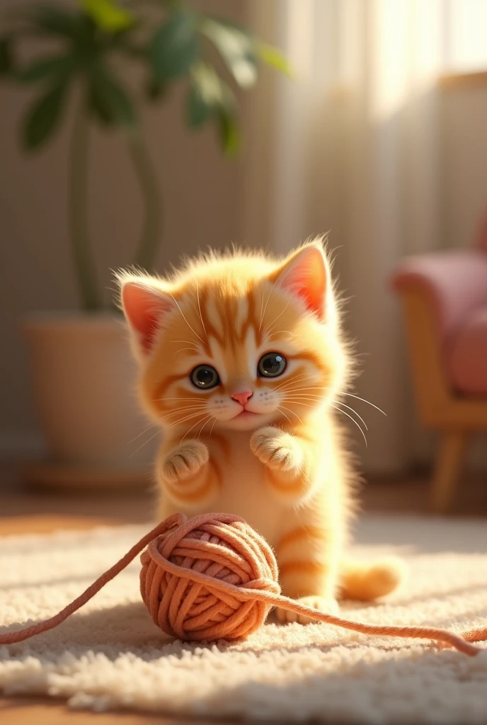 Cute yellow kitten playing with ball of yarn, realisitic, 4K