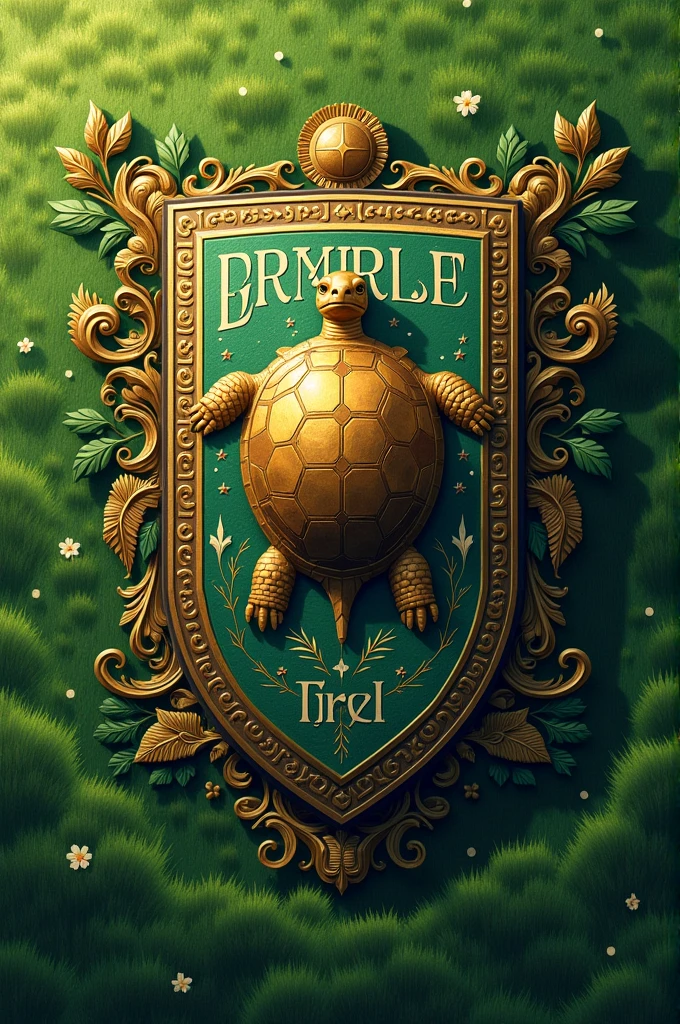 A shield with a ball and a turtle in the center that says green field in Spanish