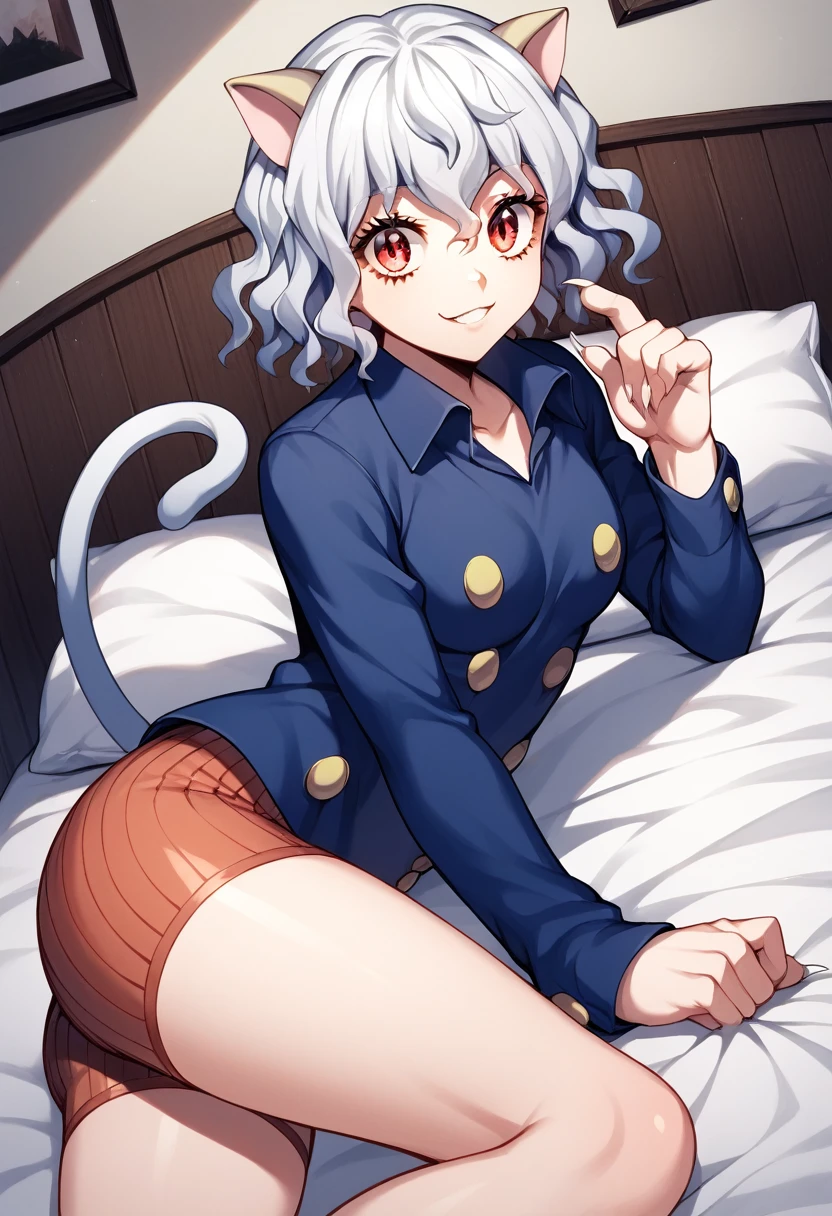 score_9, score_8_up, score_7_up, source_anime,
neferpitou, neferpitou, short hair, red eyes, animal ears, tail, white hair, cat ears, cat tail, curly hair, smile,
long sleeves, shorts,
indoors, bed, bed room, on side,
looking at viewer, dutch angle, cowboy shot,