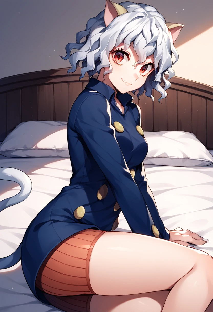 score_9, score_8_up, score_7_up, source_anime,
neferpitou, neferpitou, short hair, red eyes, animal ears, tail, white hair, cat ears, cat tail, curly hair, smile,
long sleeves, shorts,
indoors, bed, bed room, on side,
looking at viewer, dutch angle, cowboy shot,