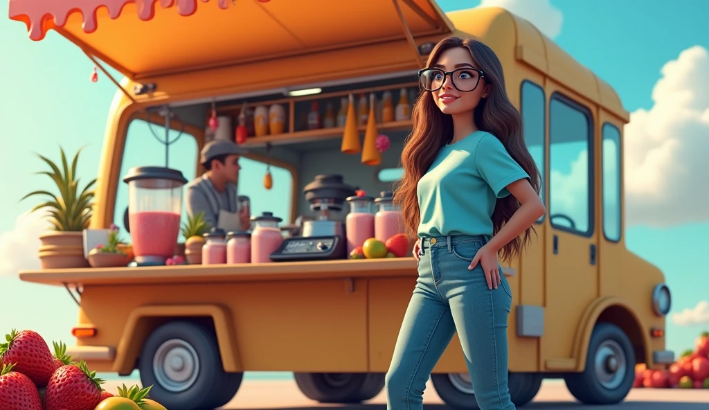 crepes and smoothies kukis local food truck with black crepes with long hair and glasses robust girl, sky blue t-shirt tucked into jeans, blue tennis, crepe maker and blender, strawberries and mango in ai drawing