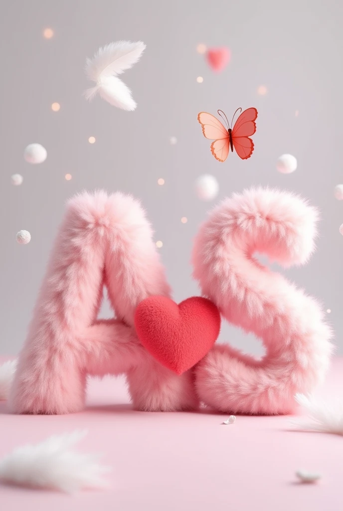 A 3d render of two pink fluffy alphabets "A" and "S" with a red fluffy heart on space between them, with a white feather and butterfly, The background is a light gray.