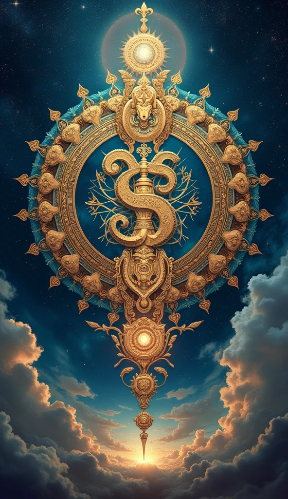 Aesthetic High definition wallpaper based on colorful, detailed and elaborated illustrated ambigram of sanatan dharmic symbols in Indian and gothic combined style and circular floral mandala form with an astounding extraterrestrial background