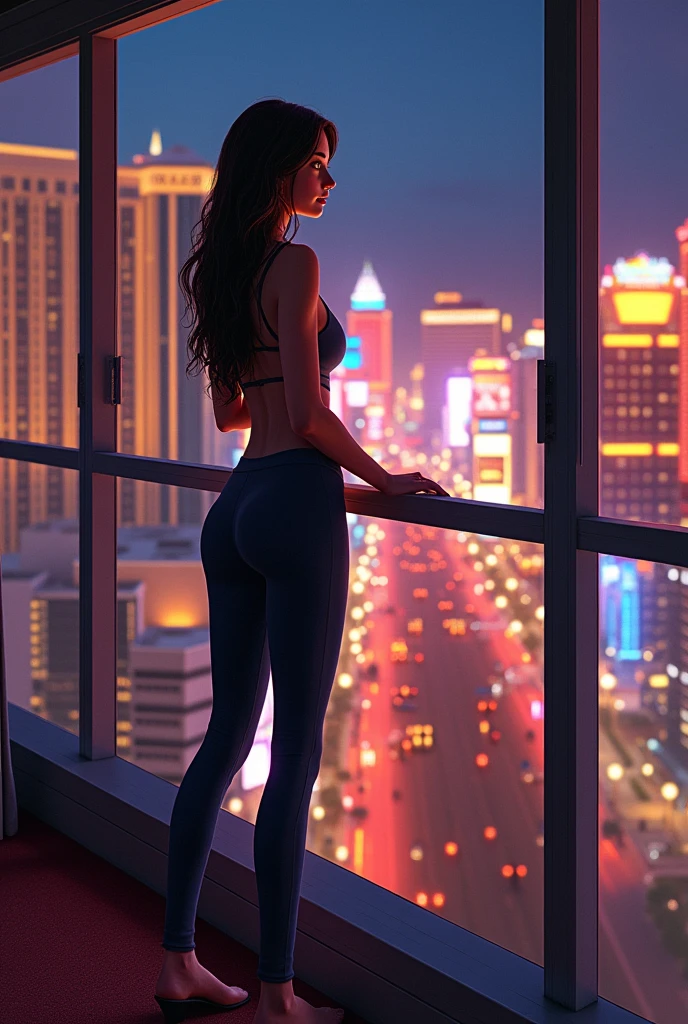 girl wearing leggings showing butt off looking out hotel balcony onto las vegas strip