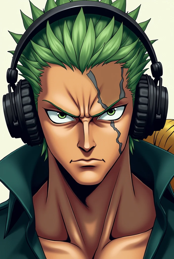 Zoro wearing headphones from front side