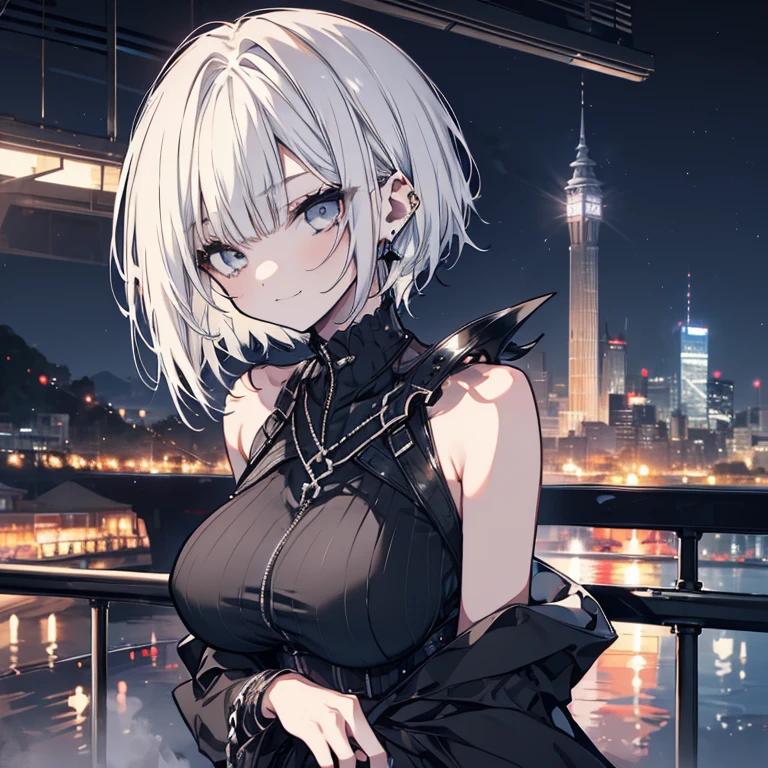 1 person、Mature、Ample breasts、Short Hair、short hair、White Hair、Long Bangs、One-eyed、Asymmetrical bangs、Boyish、neutral、cool、Black costume、Shoulder Bare、Armament、Pointed handbag、Moonlit Night、Earrings、Serious face、Downtown、Night view、A seductive smile、High resolution、Highest quality、