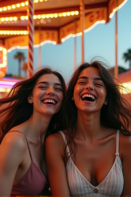 two beautiful brunette women are in an amusement park. on the swing carousel Well lit. joy. atmospheric light. Full body shot