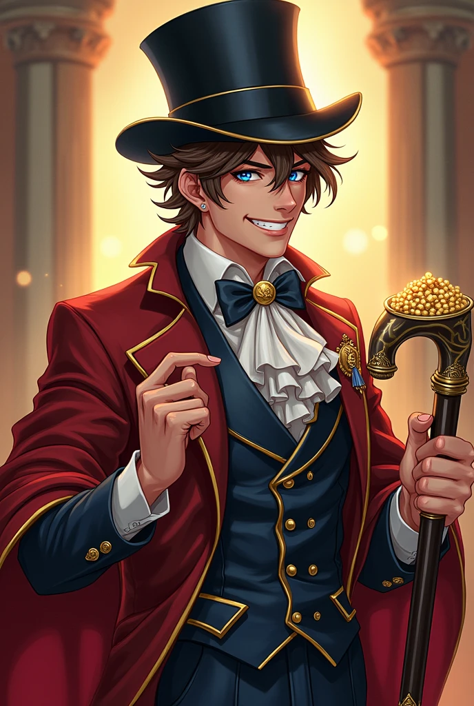 dnd, dungeons and dragons, noble, normal round human ears, human, slender, very rich, clean, wealthy, holding a bag of gold, solo, single person, portrait, action pose, white skin, opulent, stylish, short shaggy brown hair with highlights, blonde highlights, blonde streaks in hair, icey blue eyes, top hat, fancy cane, handsome, smiling, laughing, funny, male, anime, comic book, colorful expensive robes, expensive jewelry, fancy, peaceful, grandiose, ((masterpiece, best quality)), trending artwork