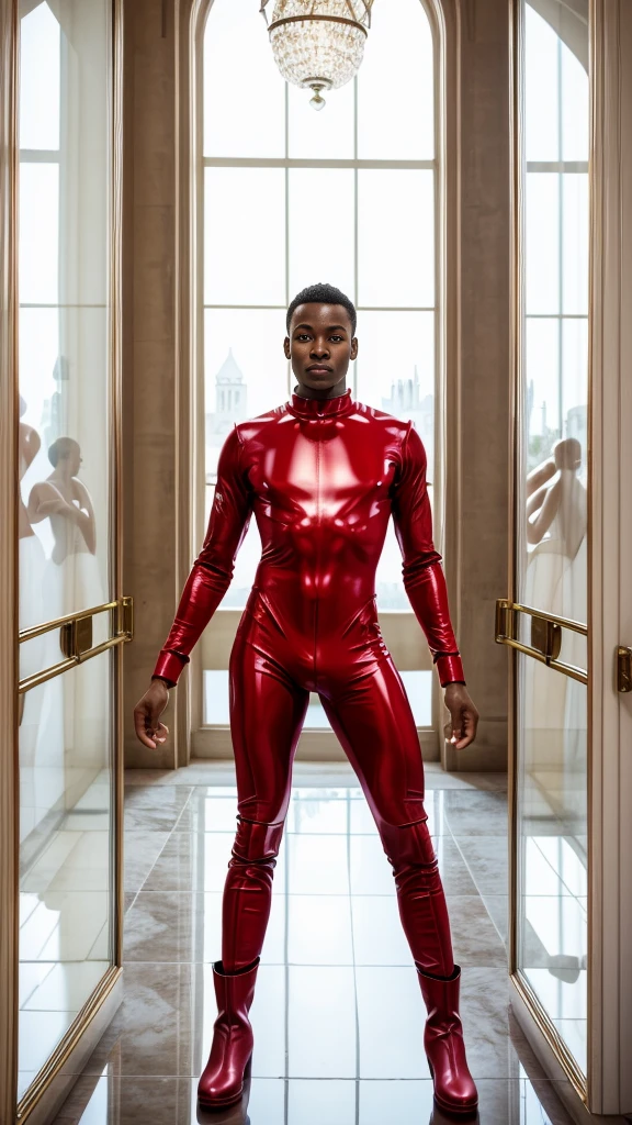 Full body image, 1Male, (masterpiece), full length image of a slender African-American male model, in red lycra mini very short bodysuit, with high leather boots, in front of a white glass diamond castle.