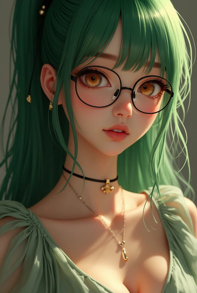 1girl, ((Zenin Maki)), elegant erotic beautiful girl, ((long green hair with pony tail and straight bangs)), detailed face portrait, (glasses), maxi dress, adultery, indecent, vulgar, (best quality,4k,8k,highres,masterpiece:1.2),ultra-detailed,(realistic,photorealistic,photo-realistic:1.37),intricate details, delicate facial features, beautiful amber eyes, ulzzang, long eyelashes, small nose, full lips, porcelain skin, natural lighting, warm color palette, chiaroscuro lighting, dramatic shadows, sensual, alluring, mature themes, artistic, dreamlike, ethereal, sideboob, cleavage, looking at viewer, ulzzang, (amber eyes), (close up face portrait),
