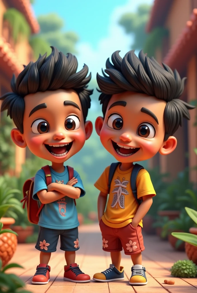 Twin boys, Age 10 years, Indonesian citizen, 3D caricature image