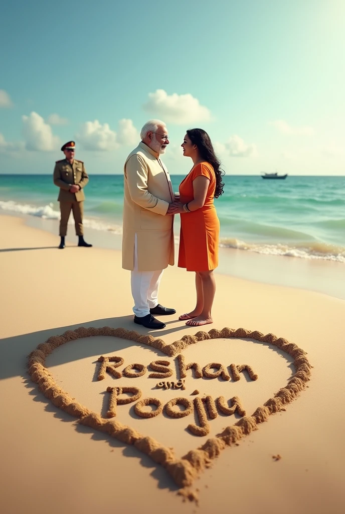PM modi making heart on sand of beach and name in heart Roshan love Pooja with military man protect them