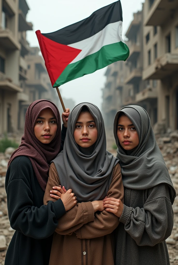 make a hyperrealistic photo of three Palestinian women wearing hijabs with beautiful faces expressing deep sadness standing holding the red and white Indonesian flag against the backdrop of buildings destroyed by bombs from Israel. The photo is very clear and finely detailed