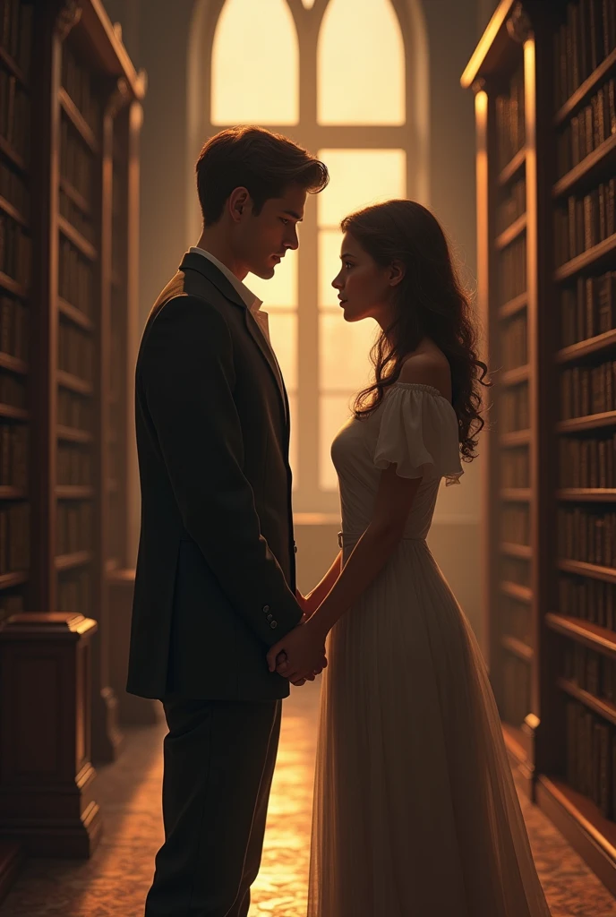 um casal, Tall thin man, fat woman, facing each other, holding hands, reciting a quote together, poem in a library.