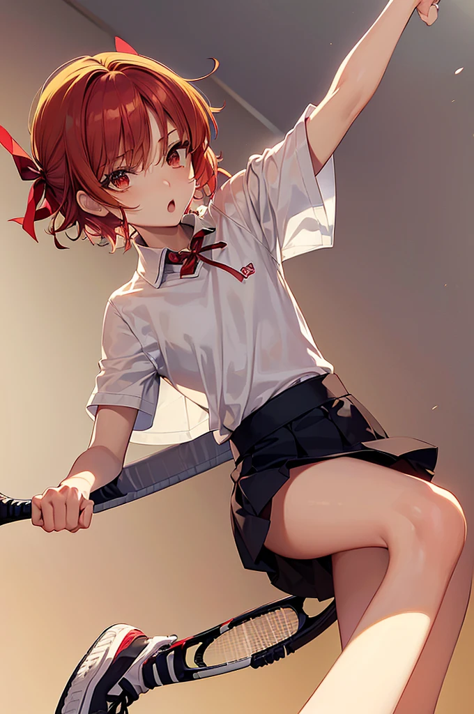 masterpiece, best quality,anime style, 1 girl,(((slender body))), (((small eyes))),(((tennis uniform,red hair ribbon))), (beautiful face), (((short hair))), (((straight hair))), ((((blonde hair)))),detailed beautiful skin, (perfect hands, perfect anatomy),scream