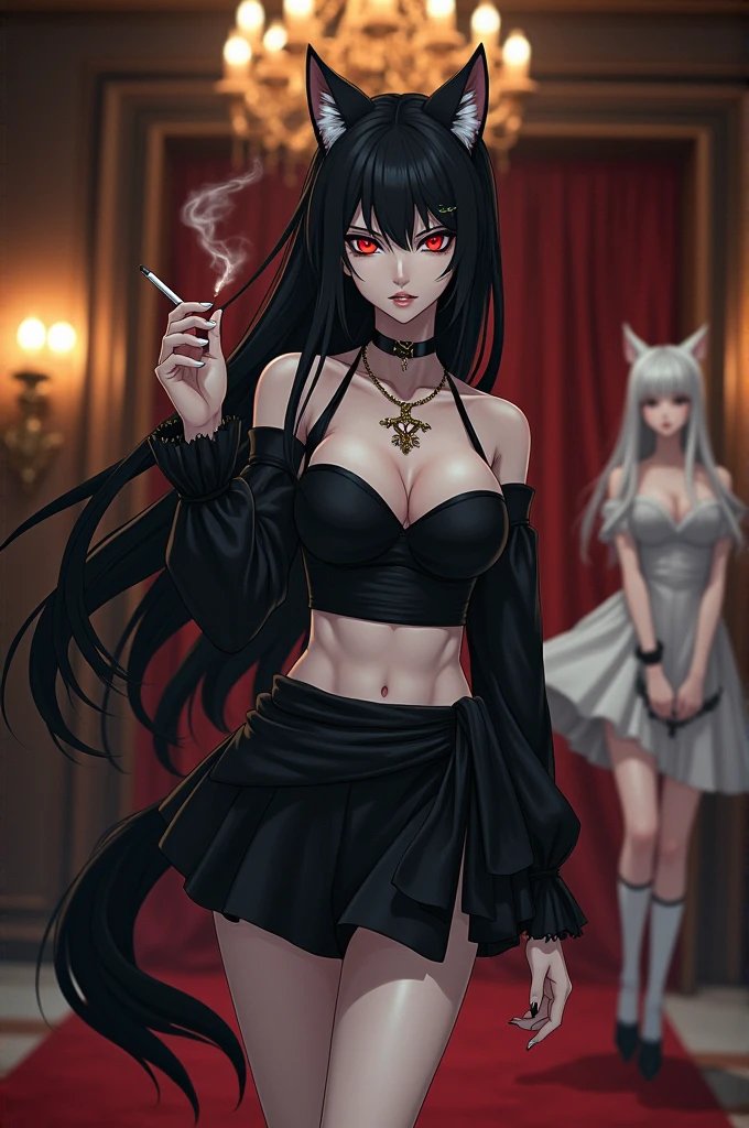 Anime human wolf woman, with a short black skirt, a short black crop top, a cross necklace, a cigarette in her hand, an evil face, red eyes, extremely white skin, black ears, black tail, In a super luxurious place. An extremely white and thin cat girl, with chains on her arms and legs, medieval dress, white knee-high socks and black slippers