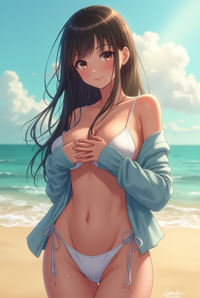 score_9, score_8_above, score_7_above, fountain_anime REST 1 girl, Alone, looking at the viewer, cowboy shot, detailed background, heroin x, stomach, belly button, white bikini, white panties, side tie bikini bottoms, blue shrug \(CLOTHES\), long sleeves, wristband, baseball cap, huge breasts, under the chest, BOOB LATERAL, playa, ocean, sunlight, water drop, hands of the heart, naked, uncensored