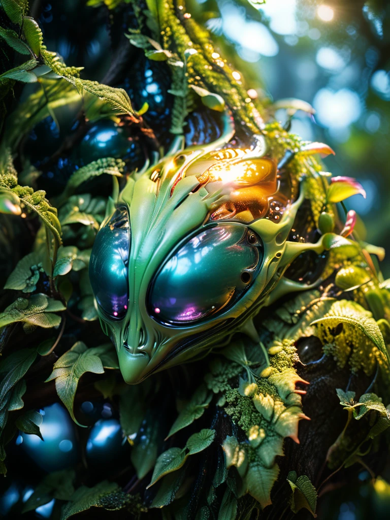 alien flora, sitting on the trees, another planet flora, alien, Futuristic, foam, tactical, sleek, dark, highly detailed, alien forest, sunny day in forest, Miki Asai Macro photography, close-up, hyper detailed, trending on artstation, sharp focus, studio photo, highly detailed, macro photo, by greg rutkowski, intricate details, realistic, 8k, sharp details, masterpiece, artstation, Panoramic, iridescence, hdr, sun light, metallic, 