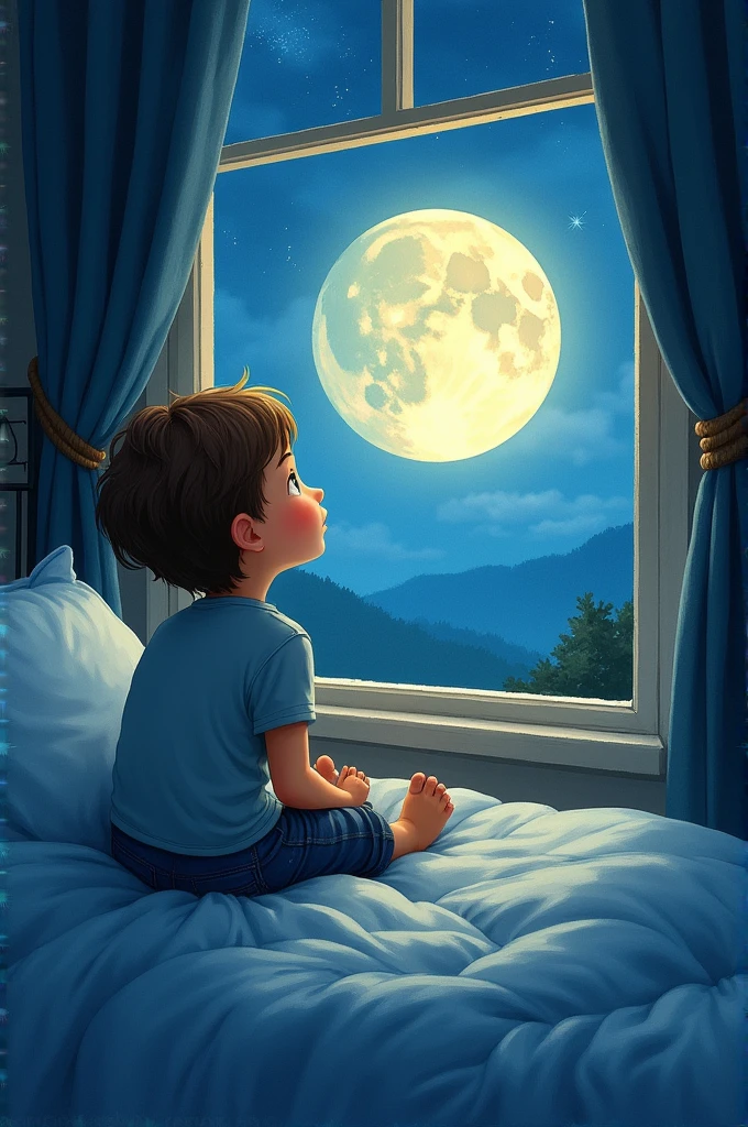 Depict a (boy) sitting on his bed, looking out the window at the moon with his eyes open, reflecting the moon, making a wish. The moon’s light could be shown entering the room, filling it with a soft glow. Make this a child book art style. The lighting must be soft. Similar to a watercolor style painting.