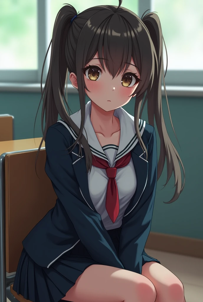 (One Girl), cute, (Very detailedBeautiful Face), Great face and eyes, (Highest quality:1.4), (Very detailed), (Very detailed CG 統合 8k 壁紙), Very detailed, High resolution raw color photos, Professional photography, Realistic portraits, Twin tails, (High School Uniform, Pleated mini skirt:1.3), (High School Uniform with wide open breasts:1.2), Sitting, (Spread your legs), Camel Toe, Depth of written boundary, School, classroom, (Beautiful Face:1.2), (From below:1.2)