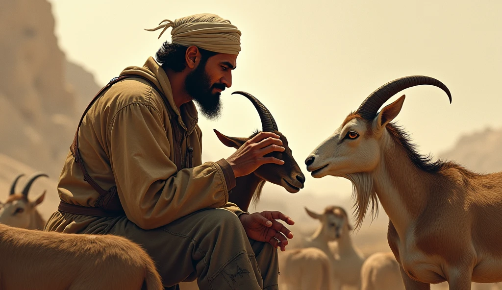 Bonding with the Goats: Illustrate how, over time, Najeeb begins to form a bond with the goats, finding some solace in their presence despite his dire situation