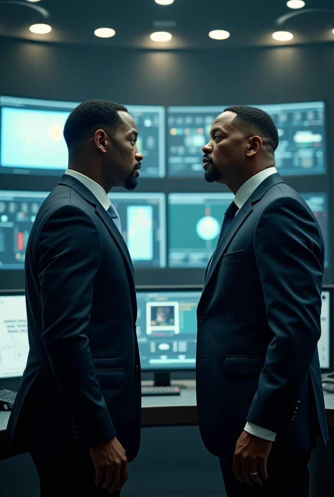 Will Smith in a dramatic showdown with a powerful bank executive in a high-tech control room. Tension fills the room."
