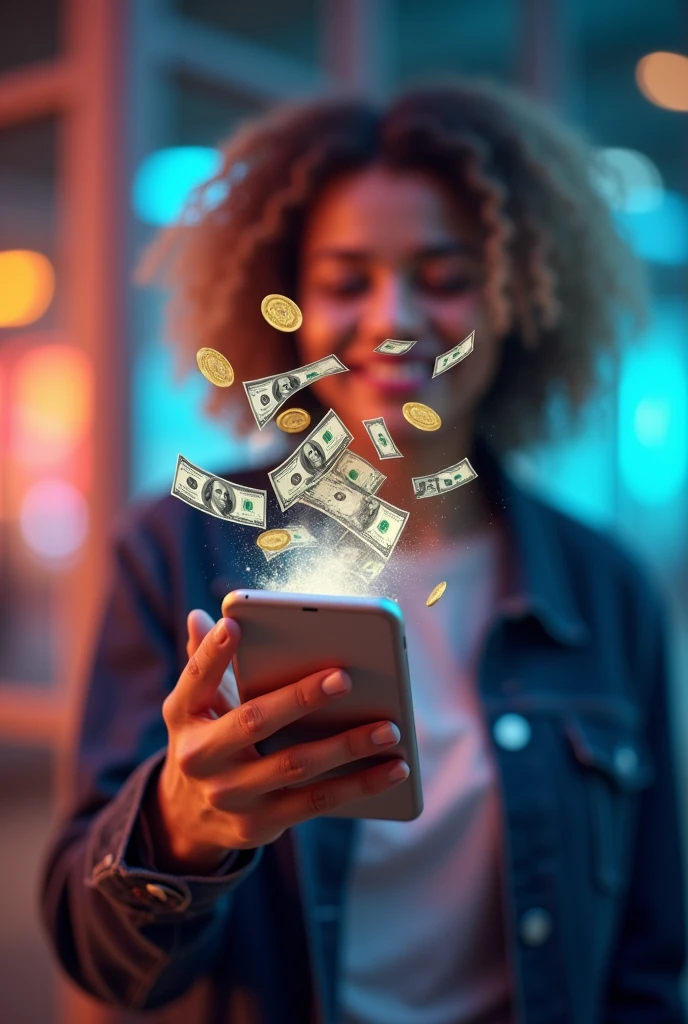 Create a visually striking image of a person using a cell phone to print money. Show a person with a look of satisfaction and accomplishment, holding a cell phone with dollar bills and coins coming out, as if they were being printed directly from the device. The scene should include details such as a virtual money printing machine coming out of the cell phone., with money flowing dynamically and vibrantly. The background should be modern and colorful, highlighting the idea of financial success and innovation. The style of the image should be inspiring and engaging., capturing the magical transformation of a cell phone into a money machine.