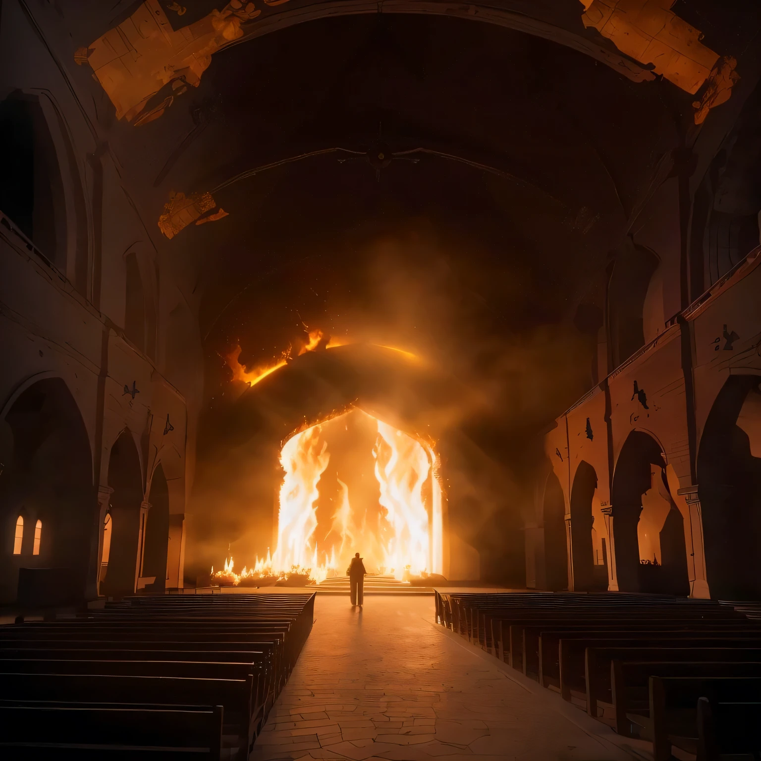 arafed image of a person standing in a church with a fire in the background, Olafur Eliasson, Global Illumination. Visual Effects, amazing fire art, Written by Mike Winkelman, Beeple and Mike Winkelman, Entrance to hell, Dramatic rendering in Unreal Engine 5, Burning scene in the background, By Bruce Nauman, Monk!!!!!!!!! fire, satanic church interior