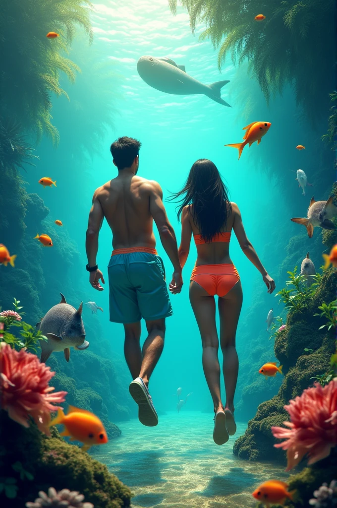 pasangan thailand menyelam pakai hotpants di sungai liat arwana bersama kucing orange gemuk 😚ada ikan, there is a submarine, in water