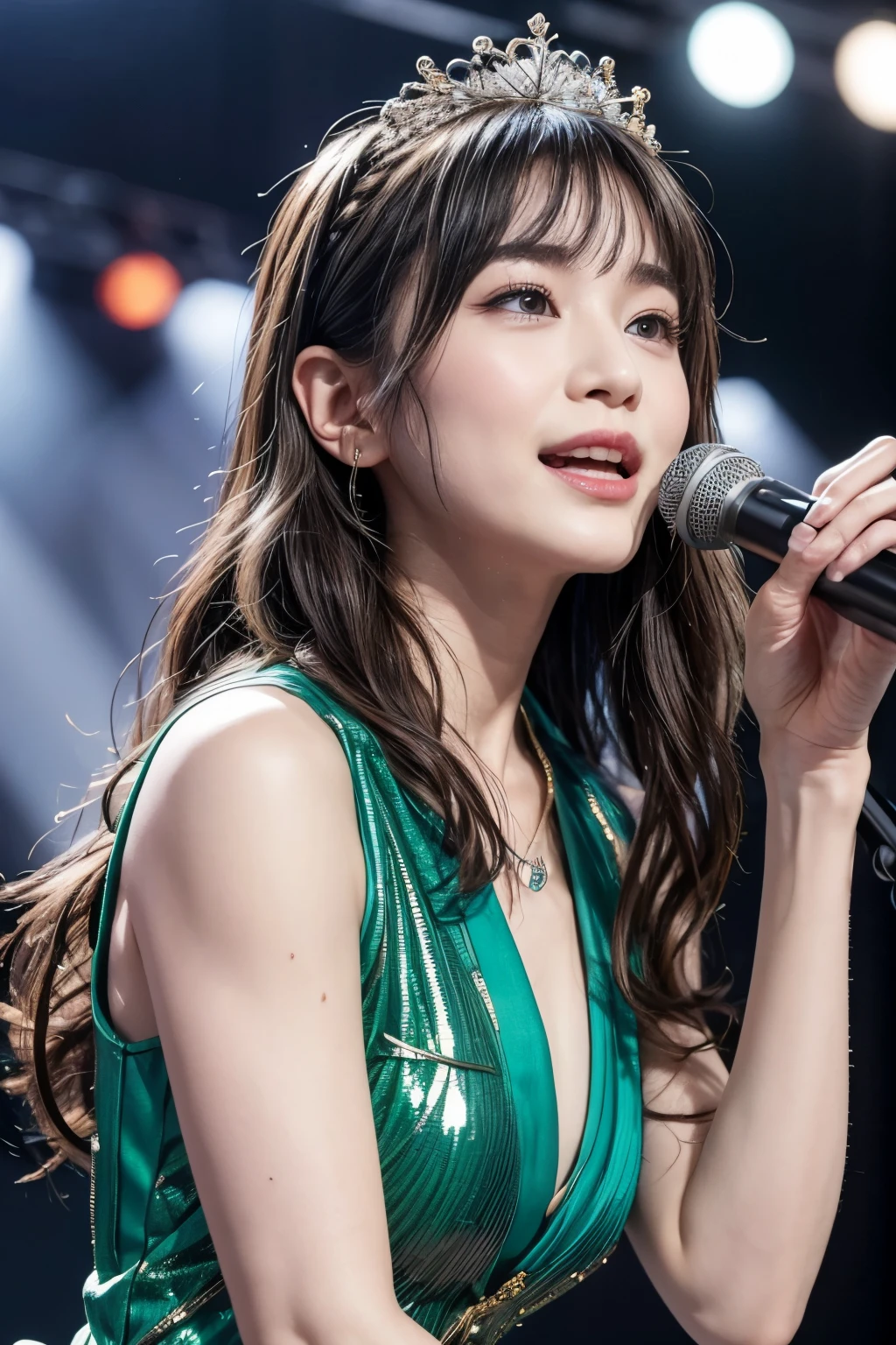 realistic, on the stage of the live music club, waving a hand against the audience, smiliing, brightly lit by spotlights on the stage, extremely bright lighting, long light silver hair, wearing pastel green costume like an cuty idol, a little exposed a chest, wearing like a tiara on the head, hair is blowing in the wind, hair is shaggy and dishevelled, beautiful white-colored translucent skin and face, sweat splashes, slendar and tall figure, skiny chest, heavy and vivid makeup, small nose, smooth shaped jawline, glossy face, heavy flushed cheeks, big smile, a little adult-like charm, close-up shot