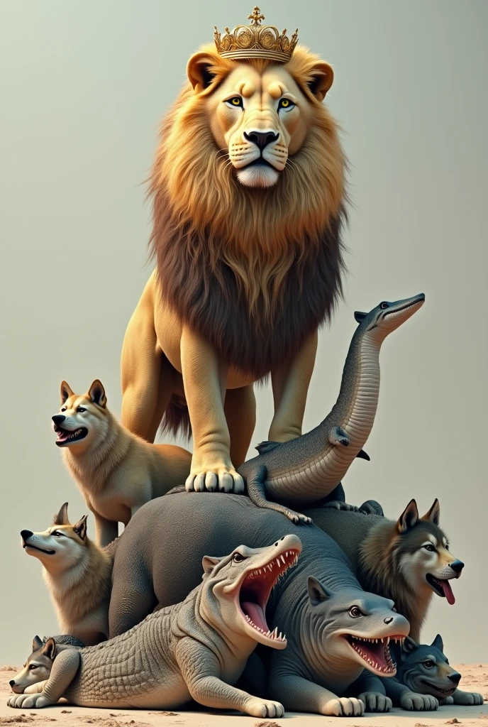 Take a picture of a lion king on top of a dog, alligator, hammerhead shark, wolf and a crown facing down