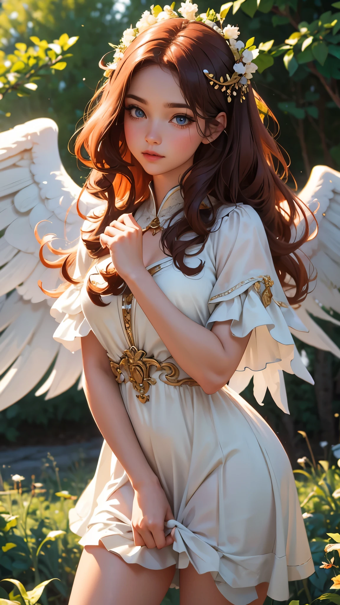 (Highest quality,8k:1.2,High resolution:1.2),Above the bust。Facing forward。Spectacular cinematic images,A brilliant appearance,Very detailed,Realistic,Vintage Goddess Angel Woman,Long red curly hair,Very detailed顔,Long eyelashes,Big angel wings,Soft white dress,Tan tights,Metallic accessories,Physically Based Rendering,Sharp focus,Natural light