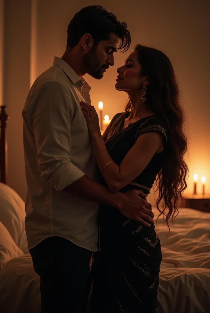 ChatGPT

You said:
You said:
A indian beautiful  in a sari lady long hair beautiful smile soft light in the bed loosely blouse slim body red lips aur uski kamar sari se dikh rahi ho and romantic sourding  sari color dark red  in a room sari upar se khuli ho aur kamar me lapti ho hair poen ho and a human in a six pach touch his stomach in softly and woman close his eyes romantic mahol ho time night hi  candle jal rahi ho realistic imagine
ChatGPT said:
ChatGPT
Got it! Here’s a detailed script to help you capture that scene:

Title: "Romantic Elegance"

Setting: A softly lit bedroom at night, with a warm and inviting ambiance. Candles are lit around the room, casting a gentle glow.

Subjects:

Woman:

Attire: A dark red sari, draped loosely from the shoulders, with the pallu elegantly spread. The sari is wrapped snugly around her waist, accentuating her slim figure.
Hair: Long and flowing, left open to cascade over her shoulders.
Expression: A serene, romantic smile with her eyes gently closed.
Makeup: Subtle, with red lips that stand out gently against her soft, natural makeup. Size 9:16
ChatGPT said:
ChatGPT
It sounds like you want to capture a scene with a romantic and elegant atmosphere. If you need further help with this description or have any specific requests, just let me know!





You said:
Is script ve badlav chahiye
ChatGPT said:
ChatGPT
Sure, what changes would you like to make to the script?





You said:
Lady ki sari Black aur man uska pallu khich raha ho softly aur lady romantic face upar ko kiye ho sari ka pallu upar se khula ho blouse dikh rahi ho sotamch dikh raha ho  sari karam me ho 
ChatGPT said:
ChatGPT
Got it! Here’s the revised script:

Title: "Romantic Elegance"

Setting: A softly lit bedroom at night, with a warm and inviting ambiance. Candles are lit around the room, casting a gentle glow.

Subjects:

Woman:

Attire: A black sari, draped with the pallu pulled softly by the man. The sari’s pallu is open from the top, revealing her blouse. T