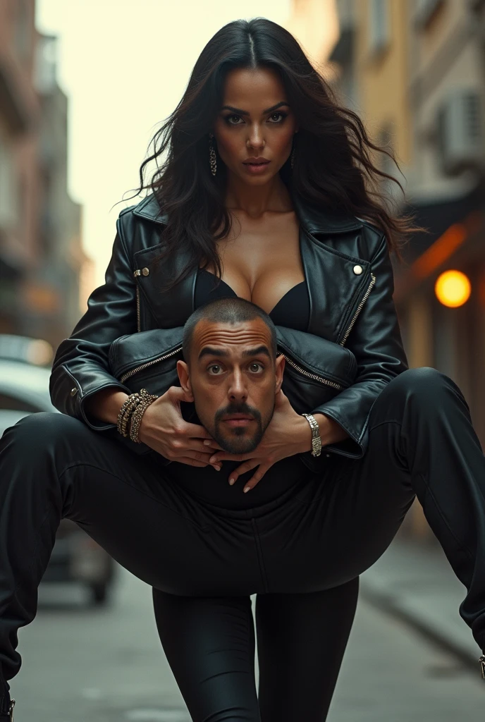 Nora fatehi in black leather jacket lifting and picking up a chubby man in her arms