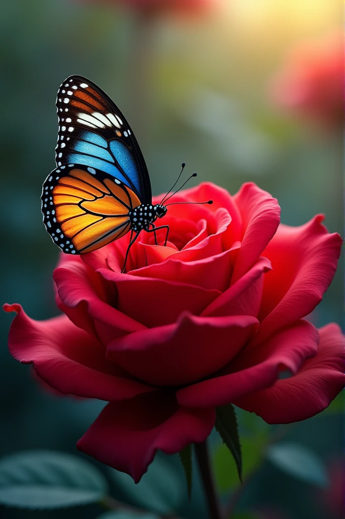 A butterfly on a red rose