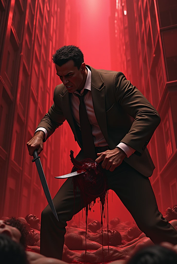 Main character :- main character without shirt with body and brown formal with white shoes and 
With a knife while cutting some one head with the flow of blood in the glass place with many dead body in the glass building in read light in angry mood 
