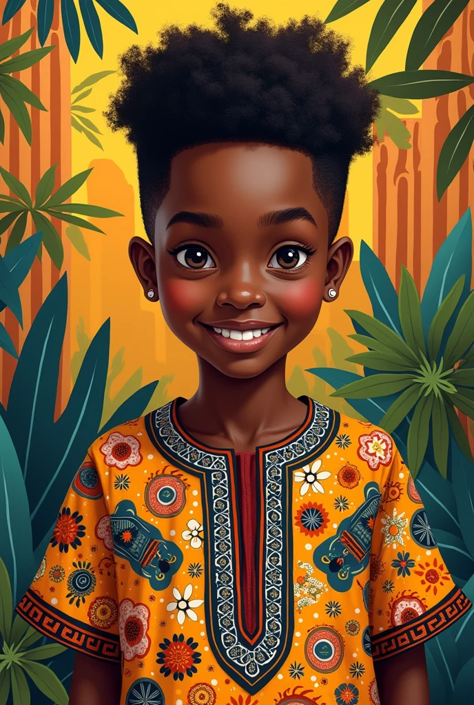 "Portrait d'un jeune garçon africain de 15 ans, dans un environnement vibrant et coloré, portant des vêtements traditionnels modernes. Le garçon est souriant, avec des traits typiques de la région ouest-africaine, et le fond est riche en détails culturels comme des motifs géométriques et des éléments naturels."